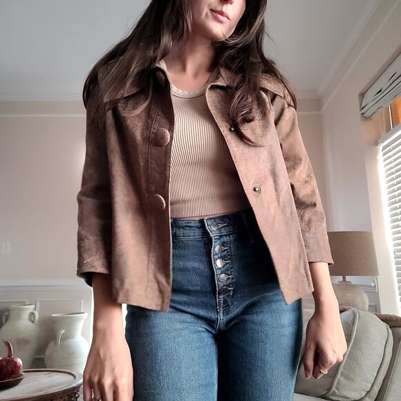 L.A.L. Leather Snake Print Jacket Round Collar Cropped Snap Buttons M - Picture 2 of 7